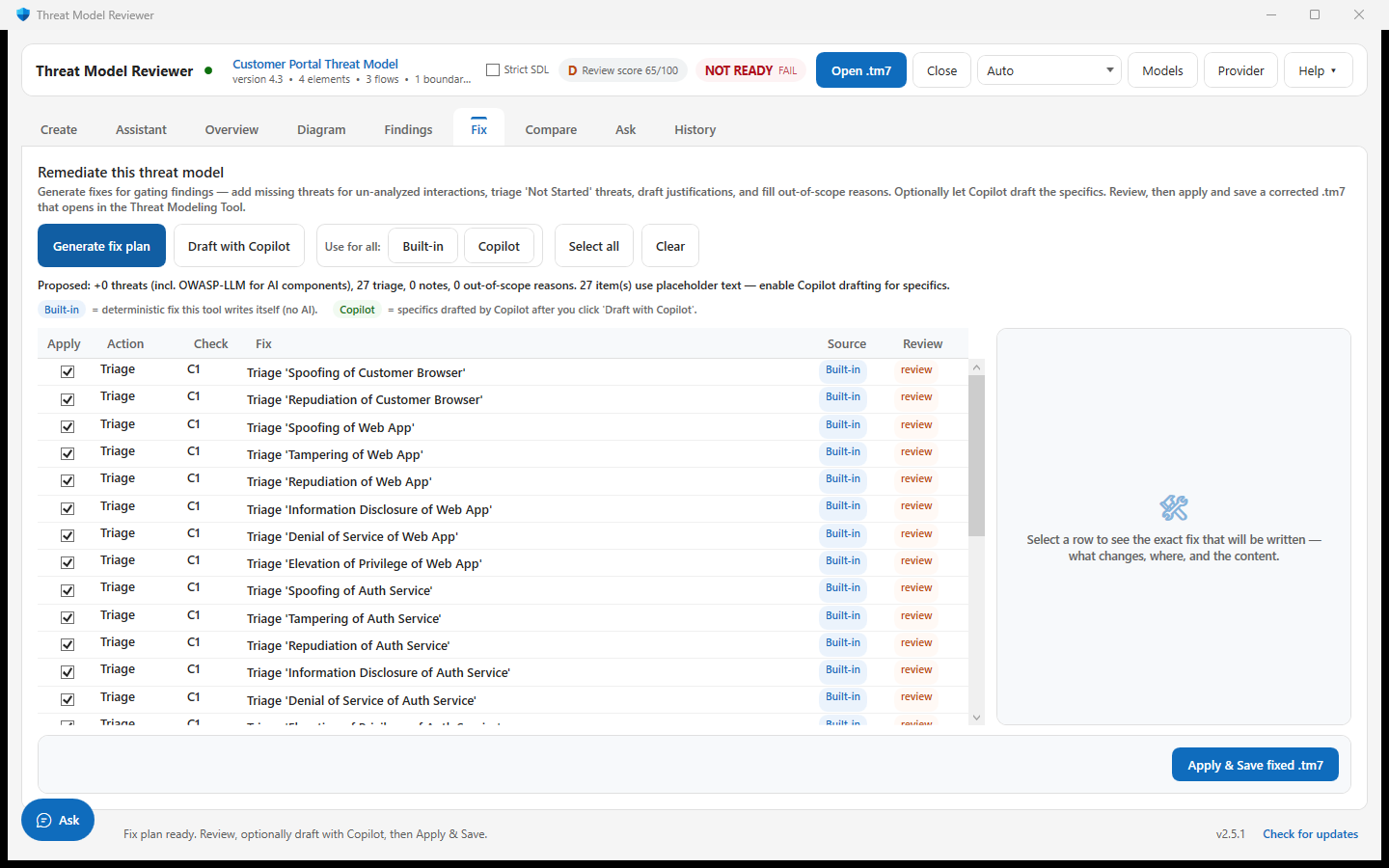 The Fix tab showing a generated remediation plan of 27 triage actions, each labelled as a built-in deterministic fix, with a button to apply them and save a corrected .tm7 file.